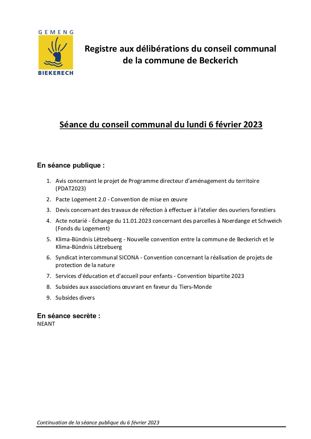 Registre au délibérations du conseil communal_Séance du 06-02-2023