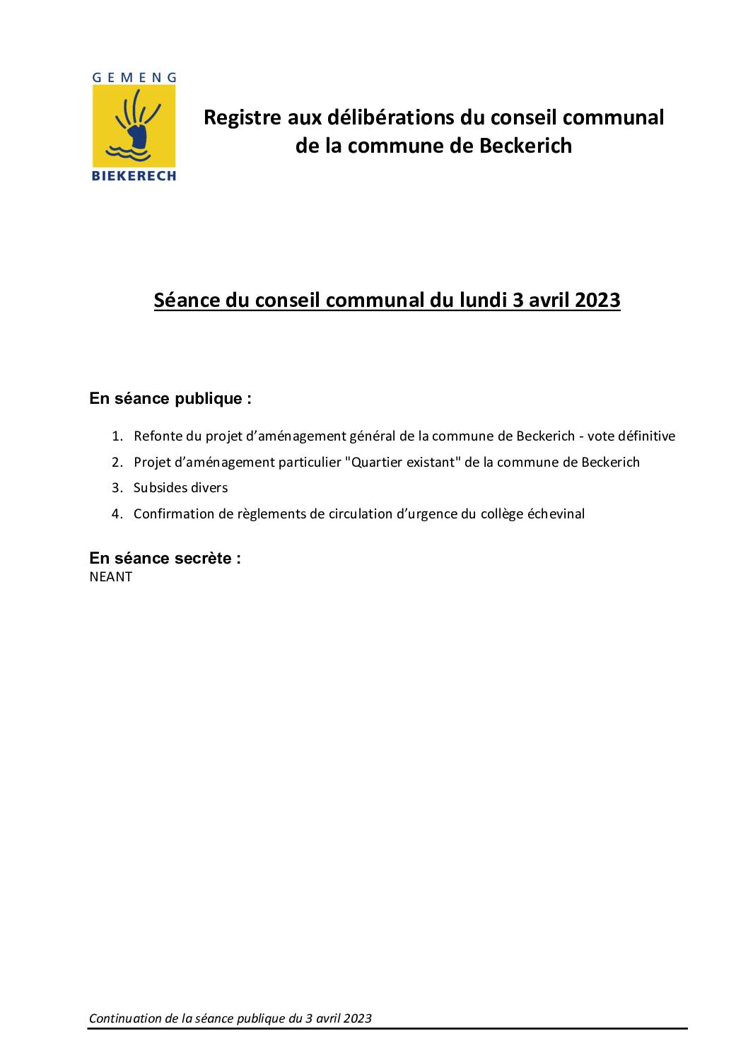 Registre au délibérations du conseil communal_Séance du 03-04-2023