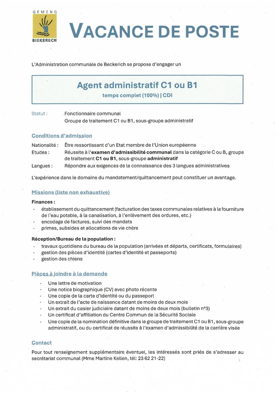 Poste vacant_Agent administratif C1 ou B1